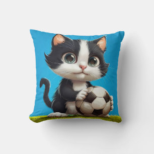 Süßes Schwarz-Weiß-Kätzchen mit einem Ball Kissen