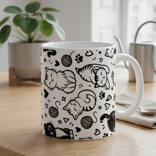 Süßes Schwarz-Weiß-Katzen-Doodle-Muster Kaffeetasse
