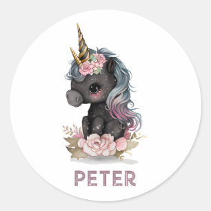 Süßes schwarzes Einhorn mit Blumen Aquarell Einhor Runder Aufkleber