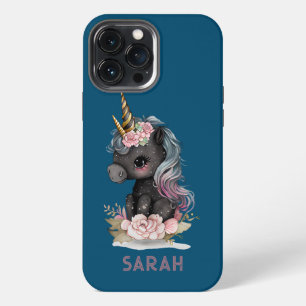 Süßes schwarzes Einhorn mit Blumen Wasserfarben Ei iPhone 13 Pro Max Hülle