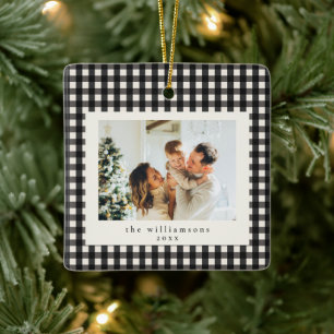 Süßes schwarzes Gingham-Karo-Foto-Weihnachten Keramikornament
