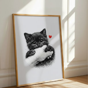 Süßes schwarzes Kätzchen beißt mit Liebe in die Ha Poster