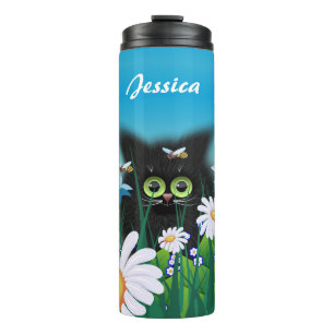 Süßes schwarzes Kätzchen und Gänseblümchen Kunst P Thermosbecher