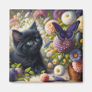 Süßes schwarzes Kätzchen und lila Schmetterling Bl Magnet