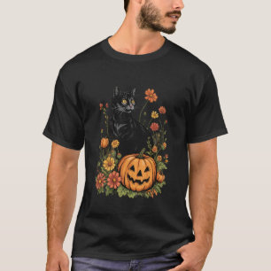 Süßes Schwarzes Katze Cottagecore-Blume Herbst-Kür T-Shirt