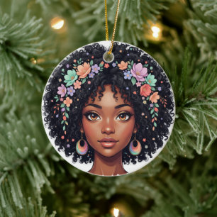 Süßes Schwarzes Mädchen mit Blumenkrone Afro Keramik Ornament