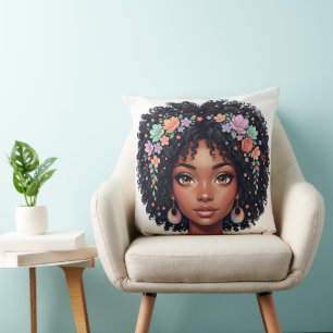 Süßes schwarzes Mädchen mit Blumenkrone Afro Kissen