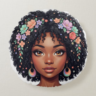 Süßes schwarzes Mädchen mit Blumenkrone Afro Rundes Kissen