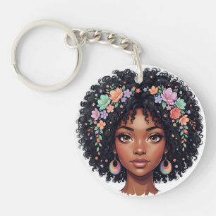 Süßes Schwarzes Mädchen mit Blumenkronen-Afro Schlüsselanhänger