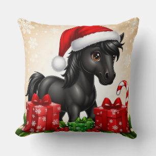 Süßes schwarzes Pony mit Weihnachtsmannmütze Kissen