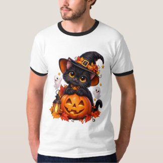 Süßes Schwarzkatze Halloween-Kürbis-Ringer-T-Shirt T-Shirt