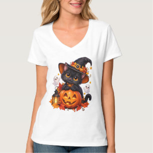 Süßes Schwarzkatze Halloween-Kürbis-V-Ausschnitt-T T-Shirt