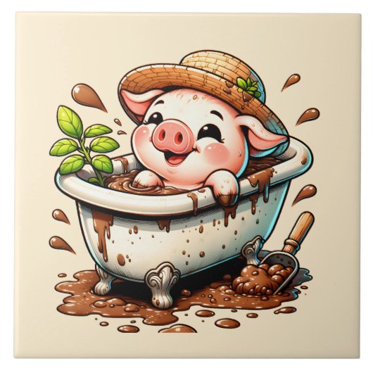 Süßes Schwein im Badezimmer mit Schlammbad  Fliese (Vorderseite)