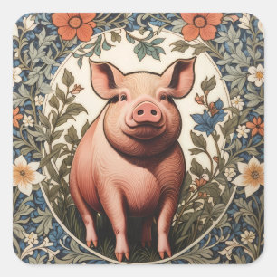 Süßes Schwein, inspiriert von William Morris Quadratischer Aufkleber