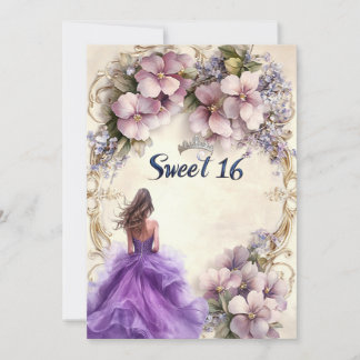 Süßes Sechzehn Purpurkleid Rosa Blumen Einladung