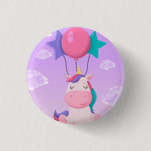 Süßes sitzendes Einhorn und Ballons Flieder Button (Vorderseite)