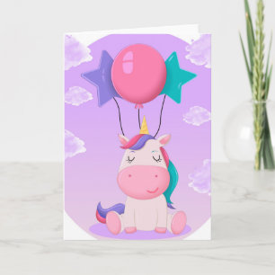 Süßes sitzendes Einhorn und Ballons Flieder Karte