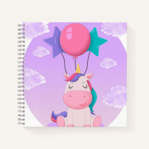 Süßes sitzendes Einhorn und Ballons Flieder Notizblock