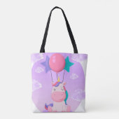 Süßes sitzendes Einhorn und Ballons Flieder Tasche (Rückseite)