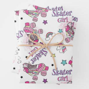 Süßes Skater Mädchen Einhorn Rollschuh Muster Geschenkpapier Set