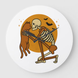 Süßes Skelett, das Katze umarmt, Gothic-Halloween- Große Wanduhr