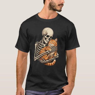 Süßes Skelett, das Orange Katze T-Shirt umarmt - W