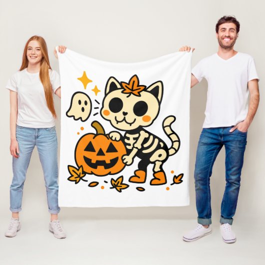 Süßes Skelett-Katze mit Kürbis-Fleece-Decke Fleecedecke (Beispiel)