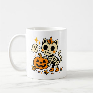Süßes Skelett Katzen mit Kürbis Tasse