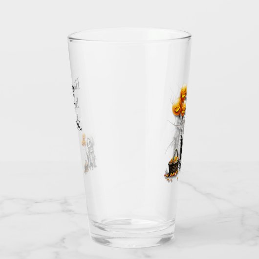 Süßes Skelett-Mädchen mit Kürbisballons Glas (Rechts)
