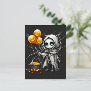 Süßes Skelett-Mädchen mit Kürbisballons Postkarte