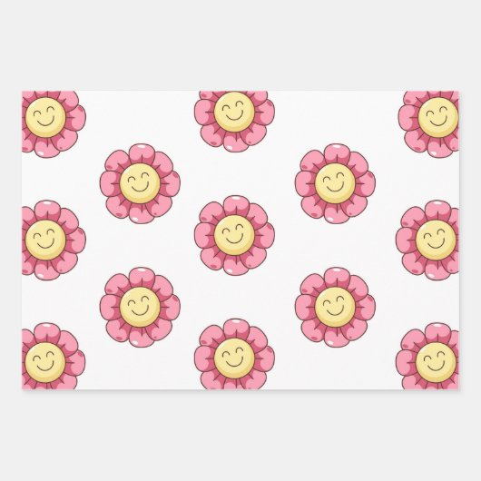 Süßes Smiley-Blumen-Geschenkpapier – Rosa Geschenkpapier Set (Vorderseite)