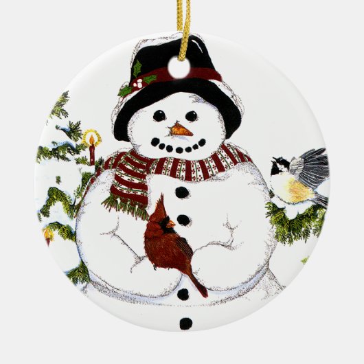 Süßes snowlady und Kardinal, Chickadeeverzierung Keramik Ornament (Vorne)