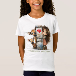 Süßes spähendes Mädchen und Babyreh T-Shirt