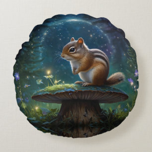 Süßes Streifenhörnchen auf Pilz im Mondlicht Rundes Kissen
