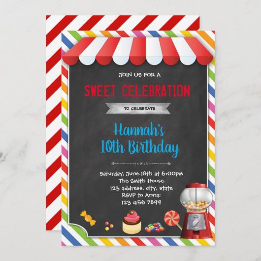Süßes Süßigkeiten Geburtstagseinladung Einladung (Vorne/Hinten)
