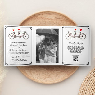 Süßes Tandem-Fahrrad-Foto-QR-Code-Hochzeit Dreifach Gefaltete Einladung