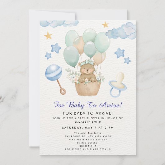 Süßes Teddybär-Ballon-Thema Einladung (Vorderseite)