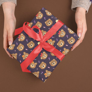 Süßes Teddybär-Gesichtsmuster Herbst   Lila Geschenkpapier