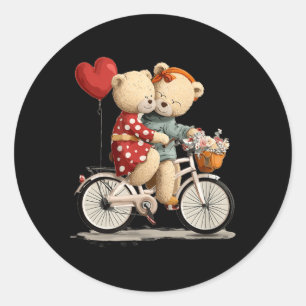 Süßes Teddybär-Paar mit Blumen-Fahrrad-Grafik Runder Aufkleber
