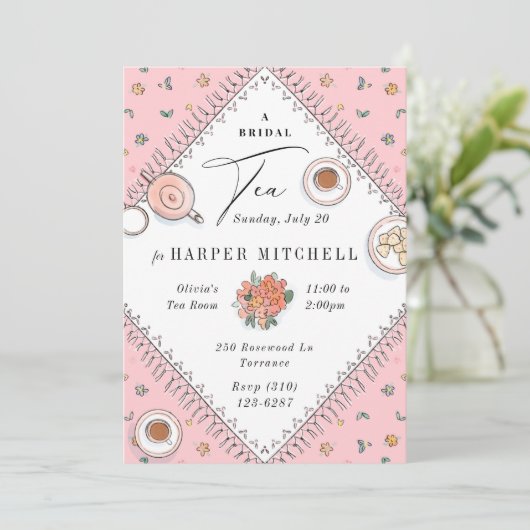 Süßes Tee Party Rosa Brautparty Einladung (Stehend Vorderseite)