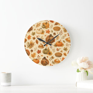 Süßes Thanksgiving-Wasserfarbmuster mit Truthähnen Große Wanduhr