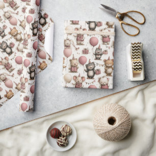 Süßes Tier-Geburtstagsmuster – Rosa Beige Ballons Geschenkpapier