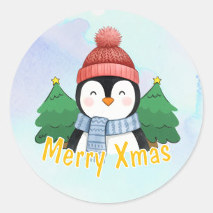 Süßes Tier Pinguin Blau Aquarell Frohe Weihnachten Runder Aufkleber
