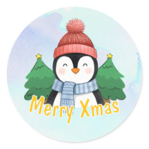 Süßes Tier Pinguin Blau Aquarell Fröhliche Weihnac