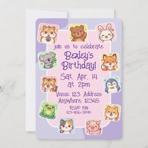 Süßes Tier Sticker Rosa Lila Geburtstag Einladung