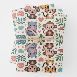 Süßes Tiermuster mit Affen, Tigern Geschenkpapier Set