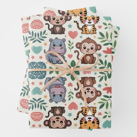 Süßes Tiermuster mit Affen, Tigern Geschenkpapier Set