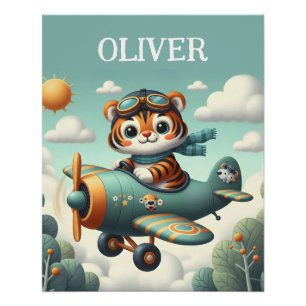 Süßes Tigerkind fliegt im Flugzeug Poster