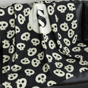Süßes Totenkopf-Muster-Monogramm-Schwarze Fleece-D Fleecedecke