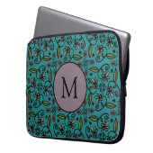 Süßes Türkis-Blumenmuster-Monogramm Laptopschutzhülle (Vorderseite Links)